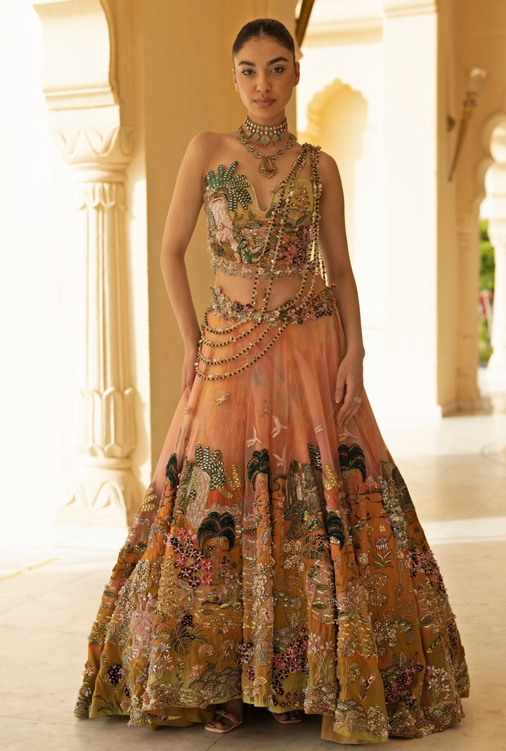 Coral Ombre Georgette Corset Lehenga Set