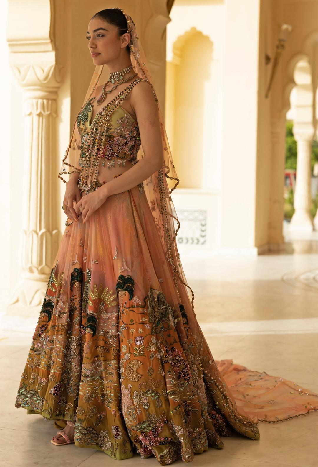 Coral Ombre Georgette Corset Lehenga Set