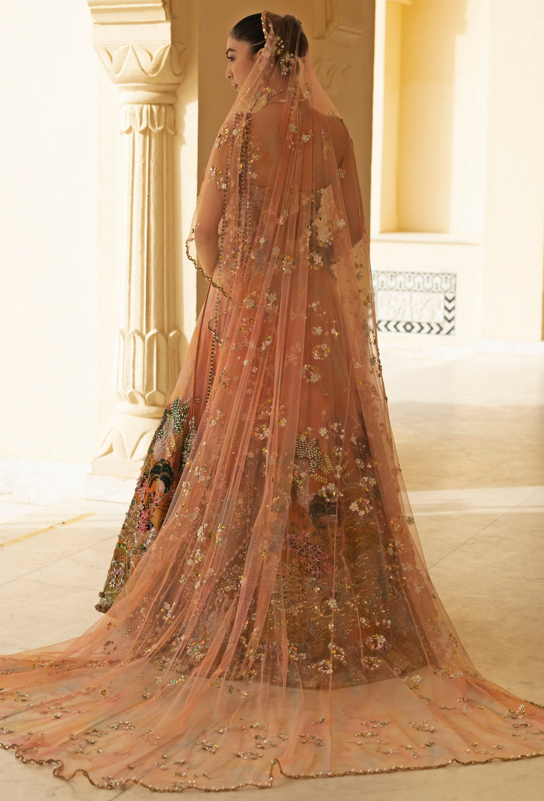 Coral Ombre Georgette Corset Lehenga Set