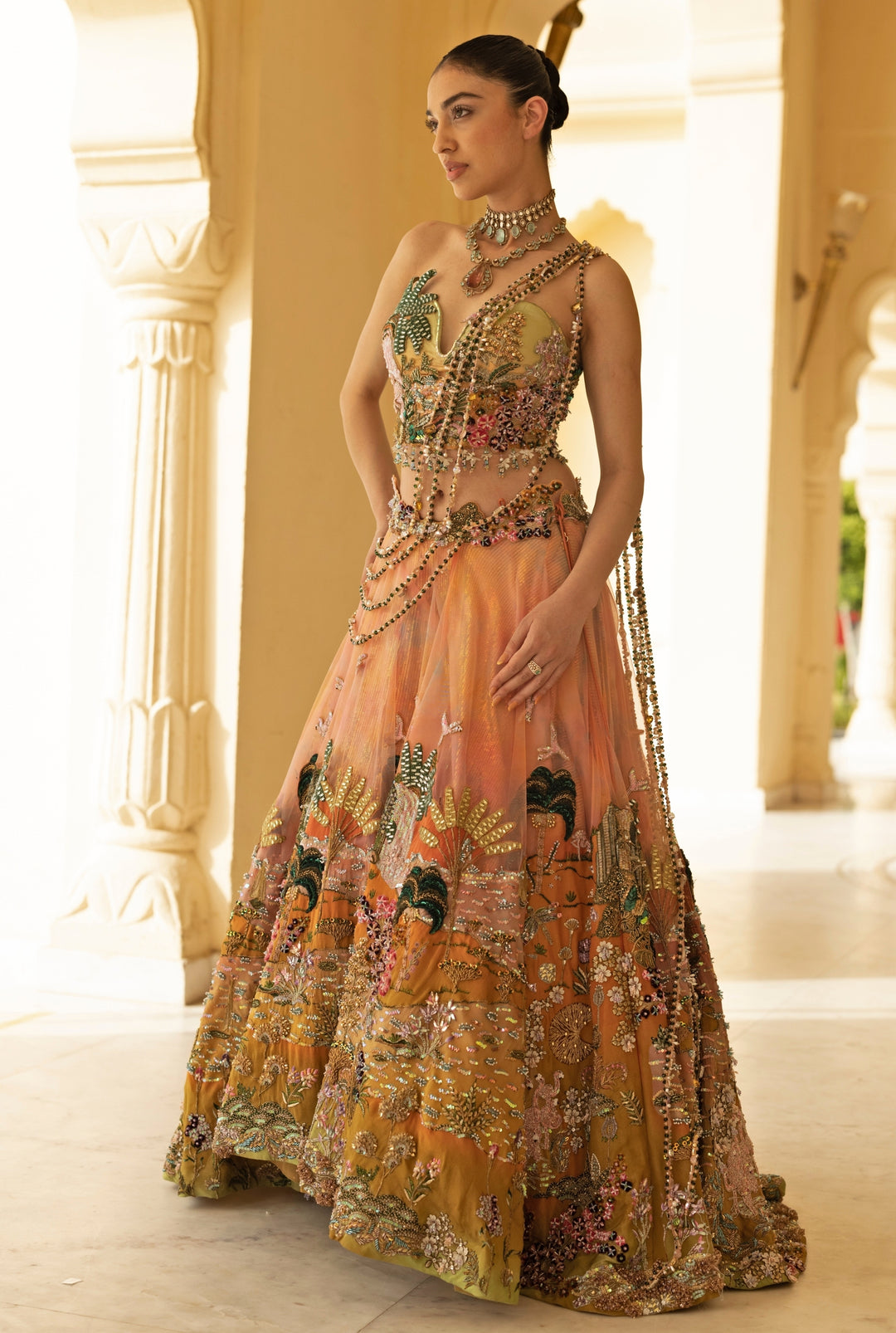 Coral Ombre Georgette Corset Lehenga Set