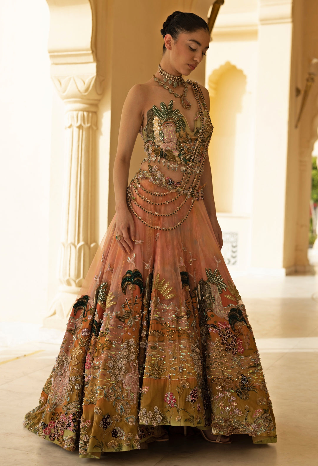 Coral Ombre Georgette Corset Lehenga Set
