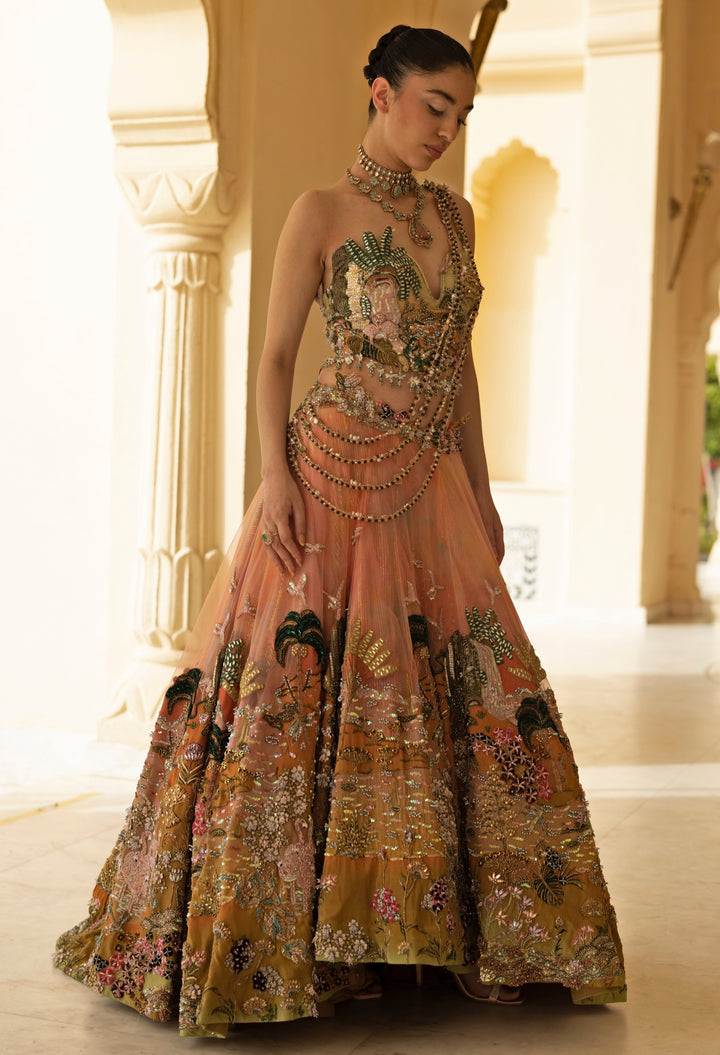 Coral Ombre Georgette Corset Lehenga Set