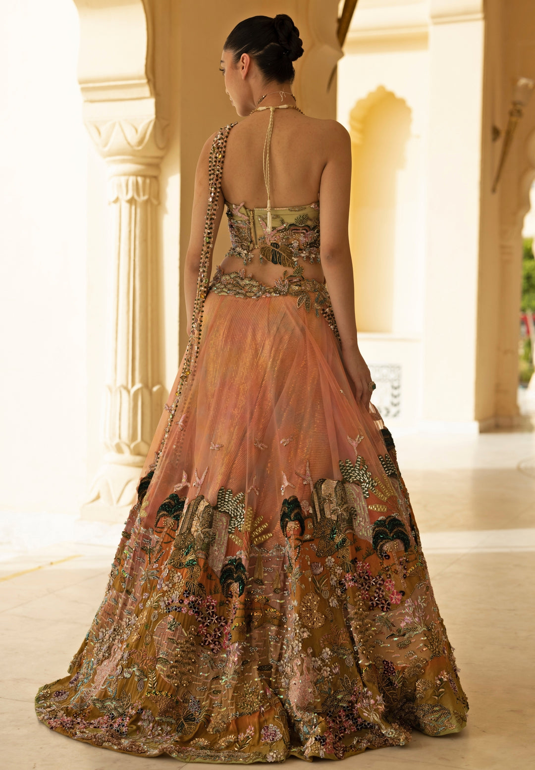 Coral Ombre Georgette Corset Lehenga Set