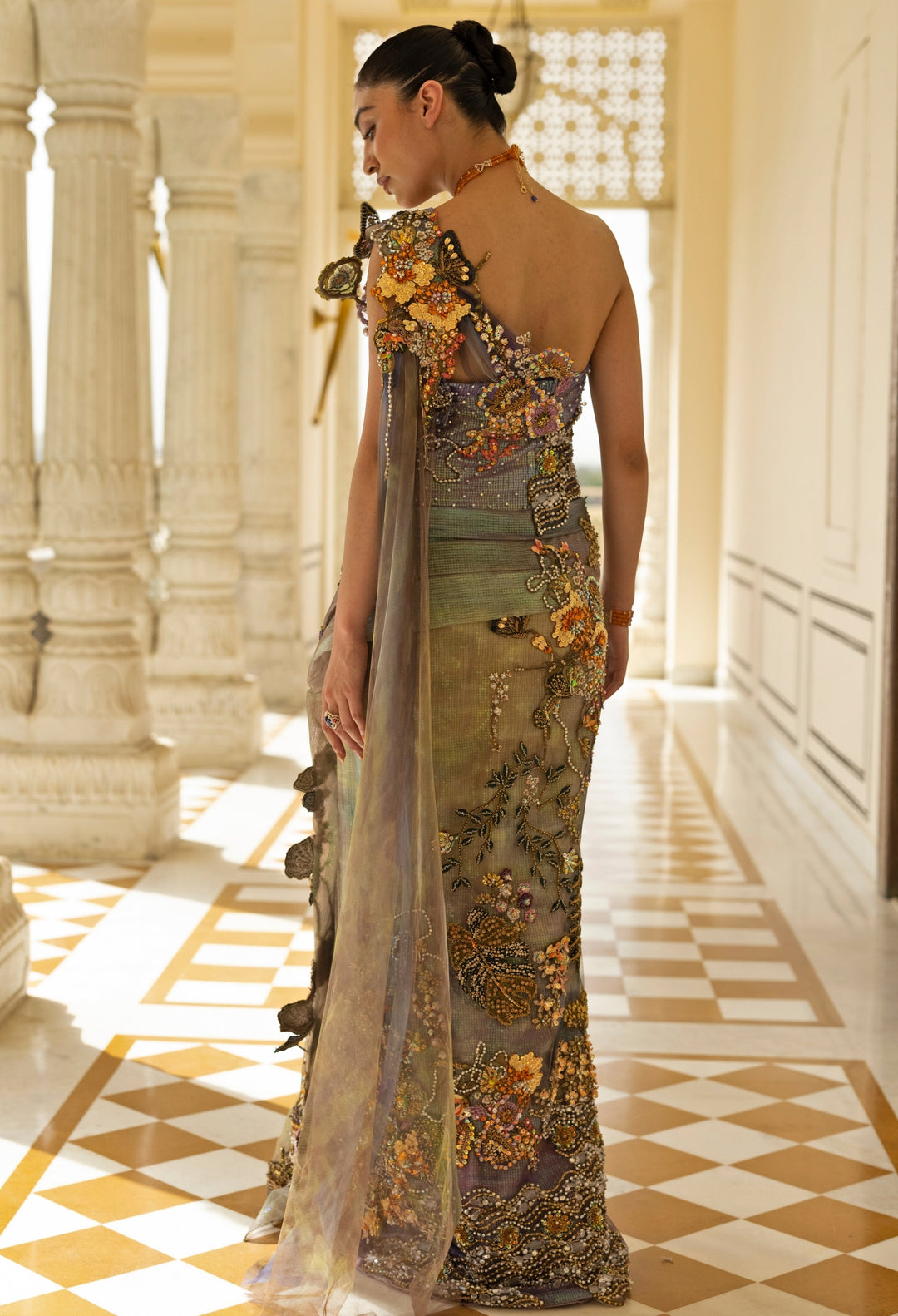 Green And Lilac Ombre Net Corset Concept Saree