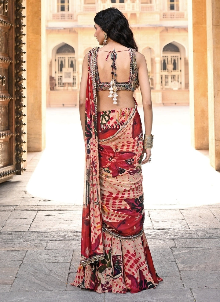Red Printed Chinon Pre-Draped Saree