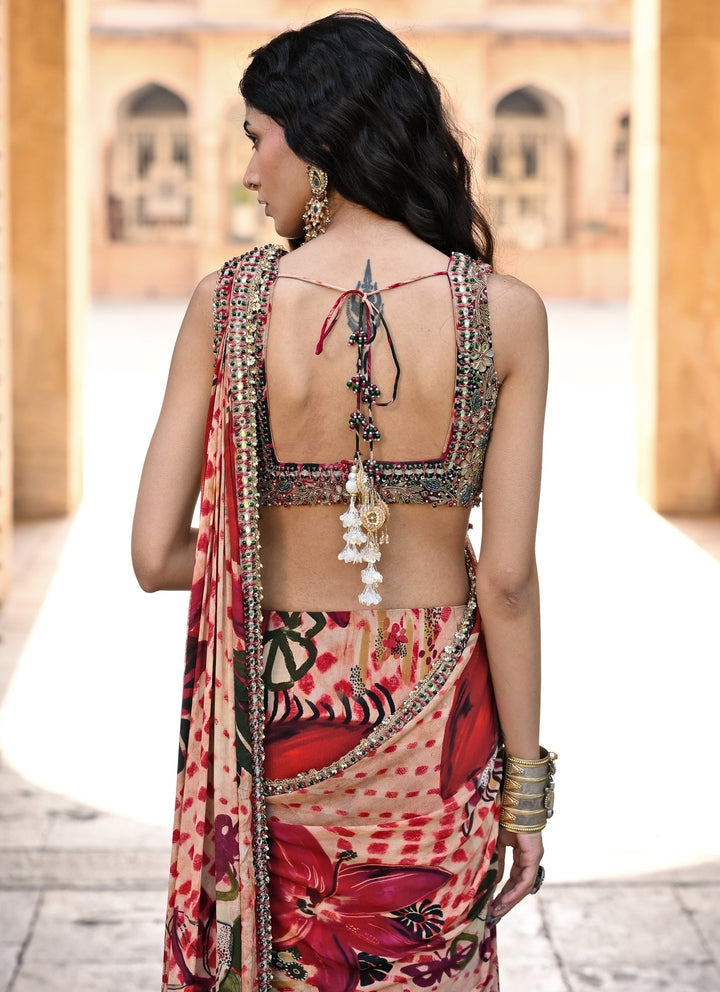 Red Printed Chinon Pre-Draped Saree