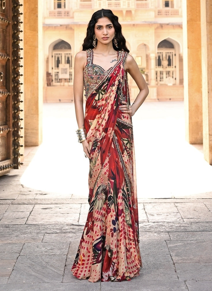 Red Printed Chinon Pre-Draped Saree