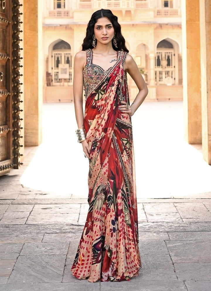 Red Printed Chinon Pre-Draped Saree