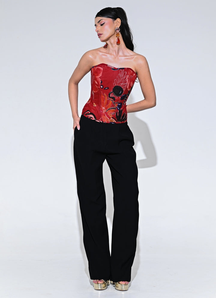 Red And Black Organza Corset Pants Set