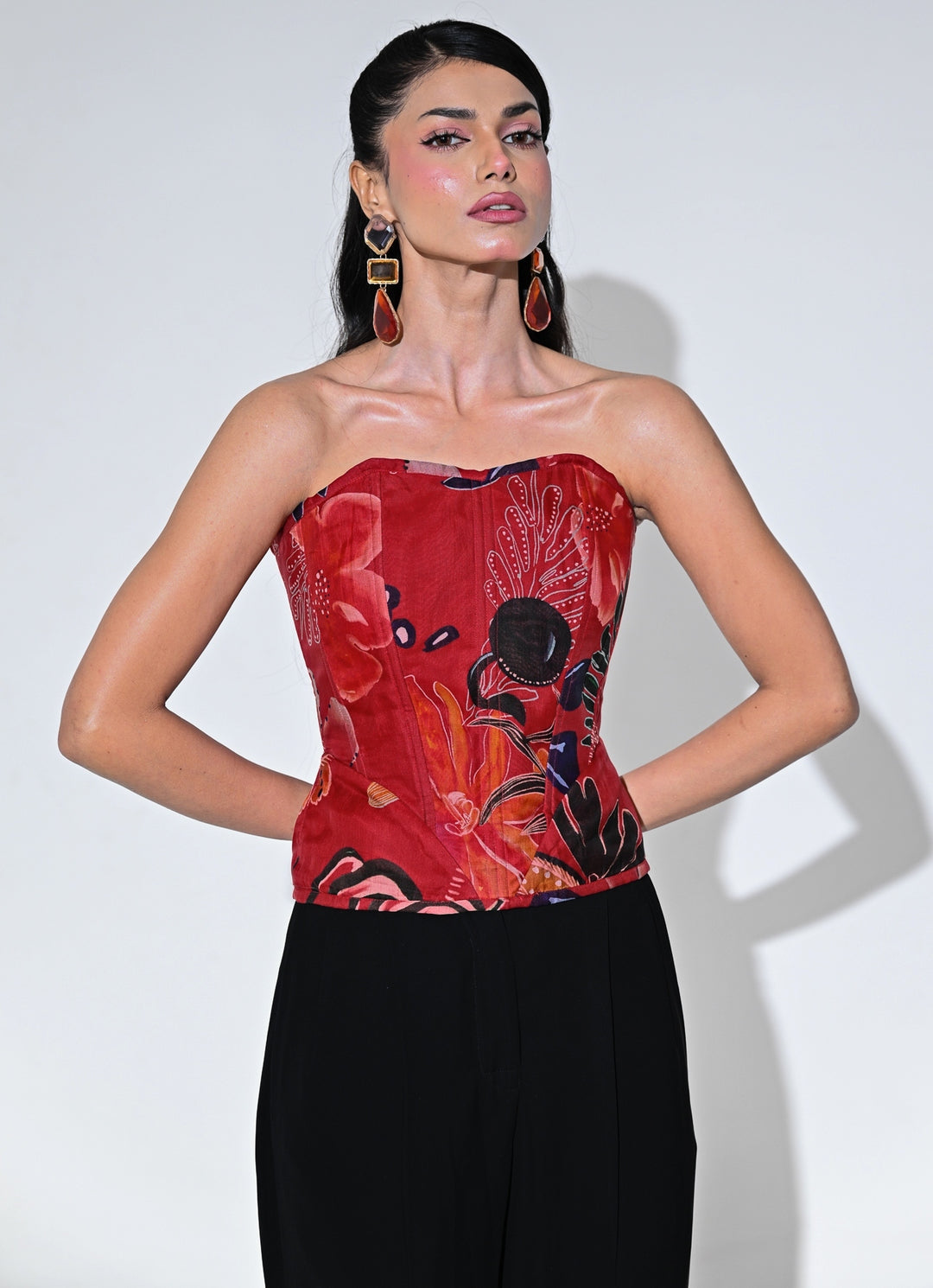Red Printed Organza Corset Top