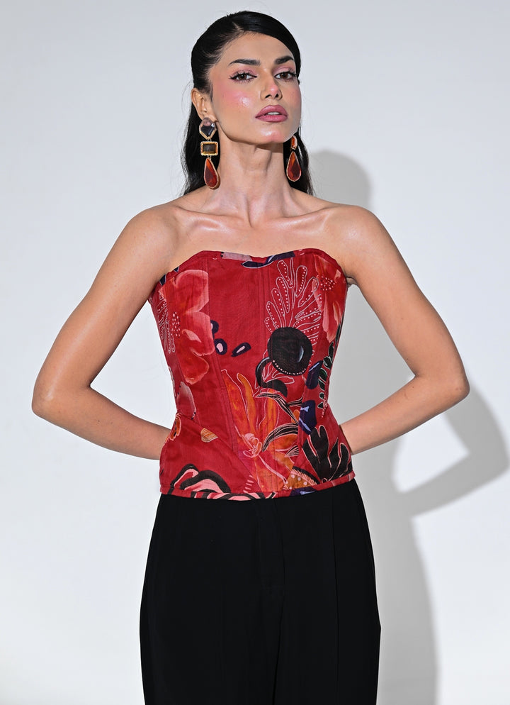 Red Printed Organza Corset Top