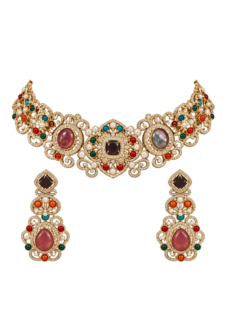 Gold Plated Multicolor Choker Necklace Set