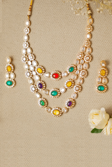 3 Layer navratna multicolour Polki Necklace Set Zevar by Geeta - Fabilicious Fashion