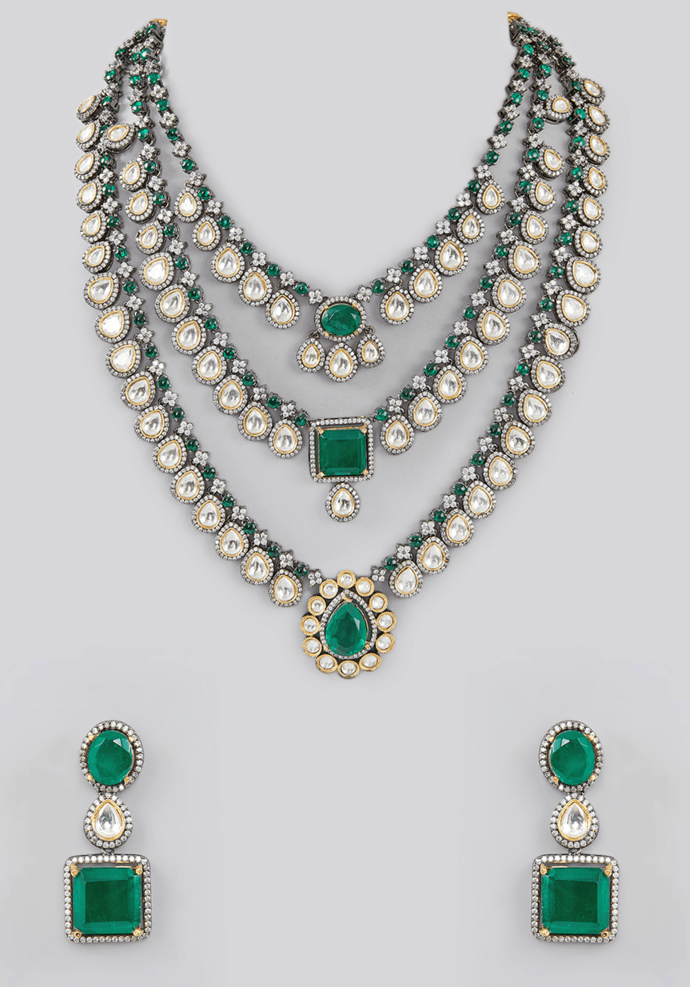 3 Layer Polki And Emerald Necklace Set Zevar by Geeta - Fabilicious Fashion