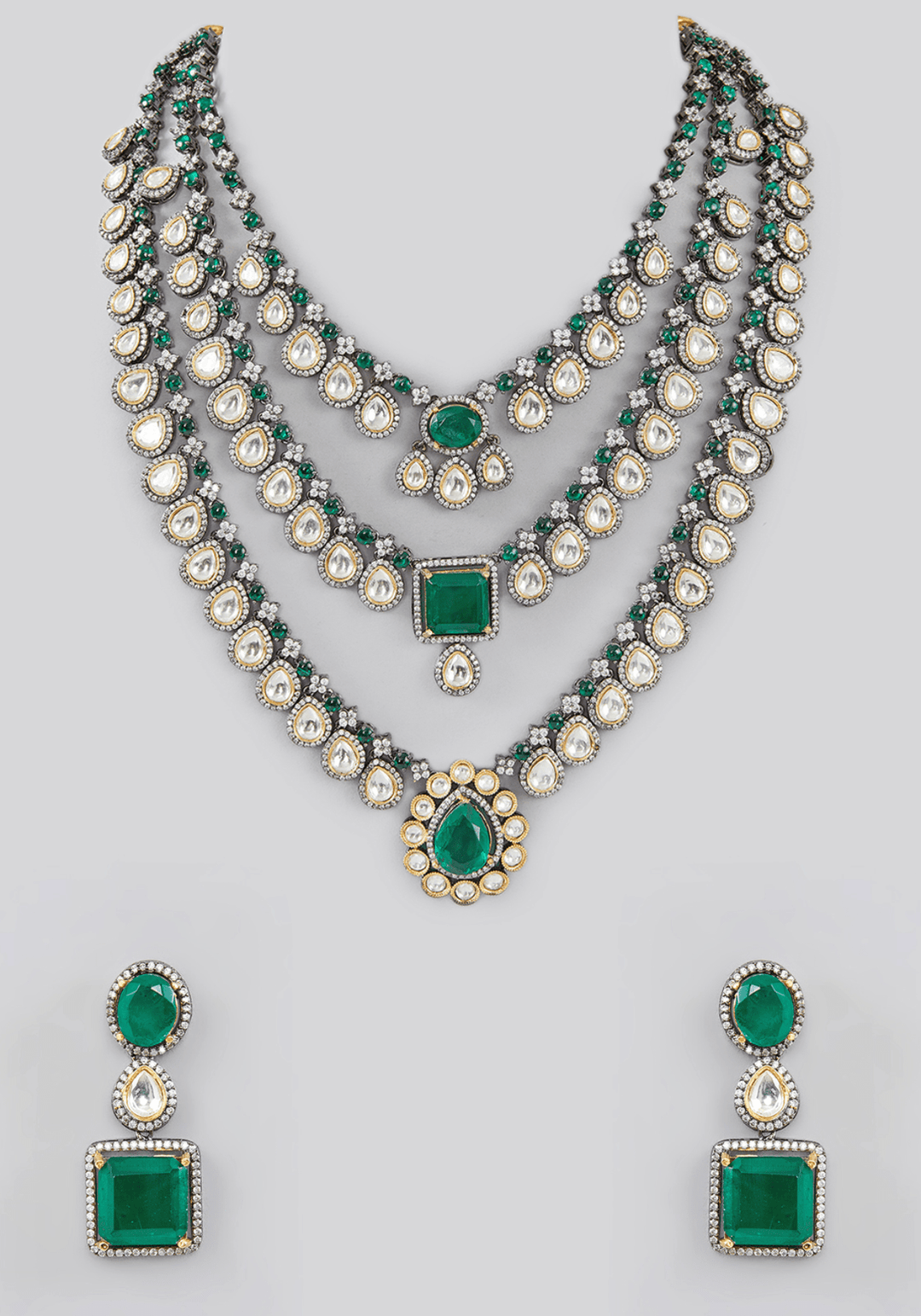 3 Layer Polki And Emerald Necklace Set Zevar by Geeta - Fabilicious Fashion