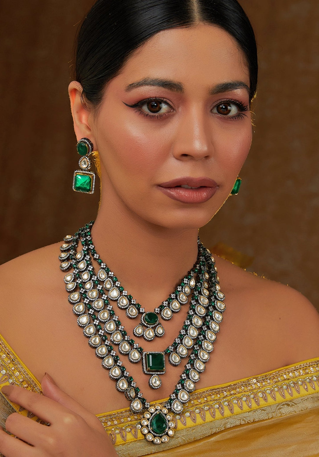3 Layer Polki And Emerald Necklace Set Zevar by Geeta - Fabilicious Fashion