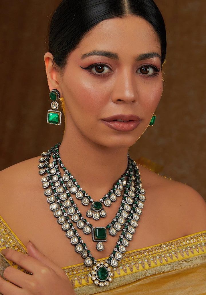 3 Layer Polki And Emerald Necklace Set Zevar by Geeta - Fabilicious Fashion