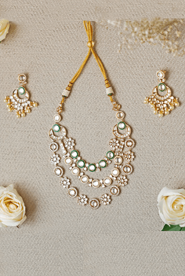 3 Line Floral Polki Necklace Zevar by Geeta - Fabilicious Fashion