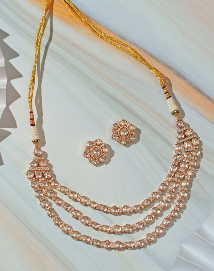 3 Line Moissanite Necklace Set Zevar By Geeta - Fabilicious Fashion