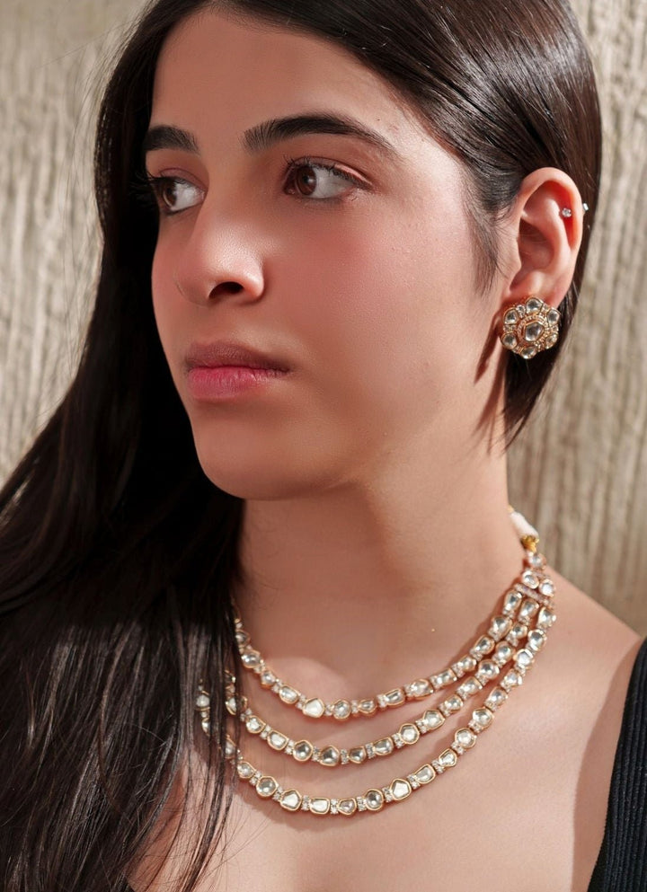 3 Line Moissanite Necklace Set Zevar By Geeta - Fabilicious Fashion