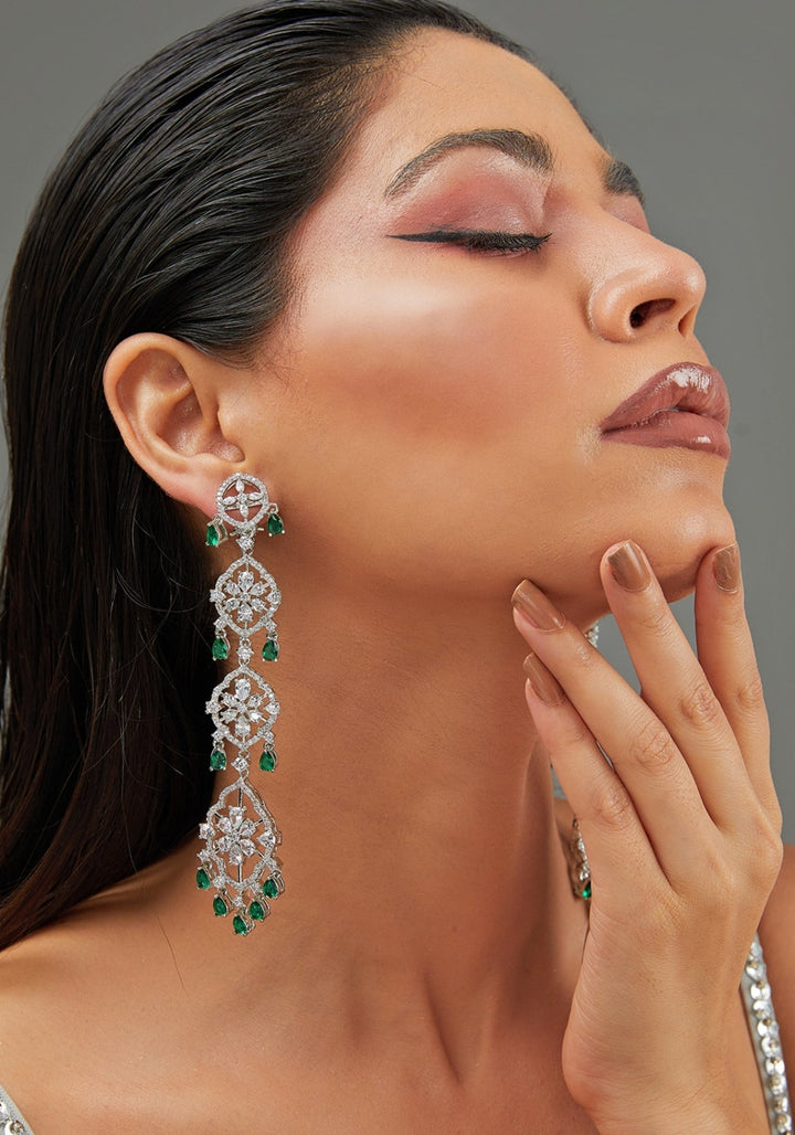 3 Tiered Dangling Faux Diamond Earrings Set Zevar by Geeta - Fabilicious Fashion