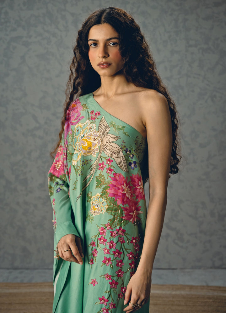 Blue Silk One Shoulder Top And Skirt Set