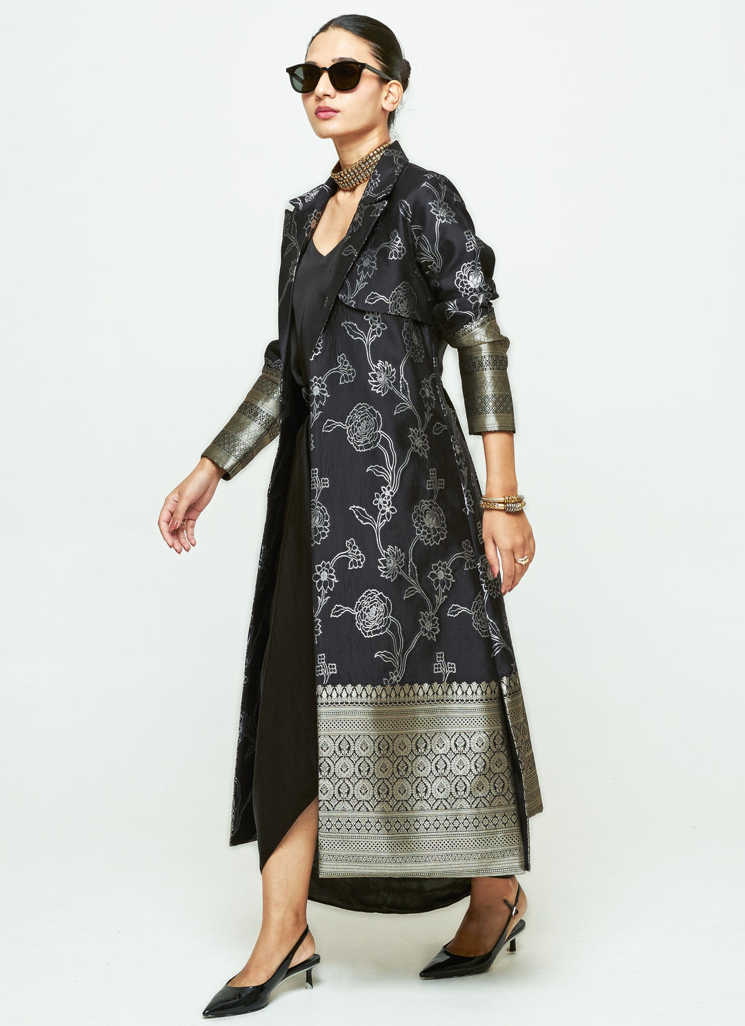 Black Brocade Trench Jacket With Draped Dress