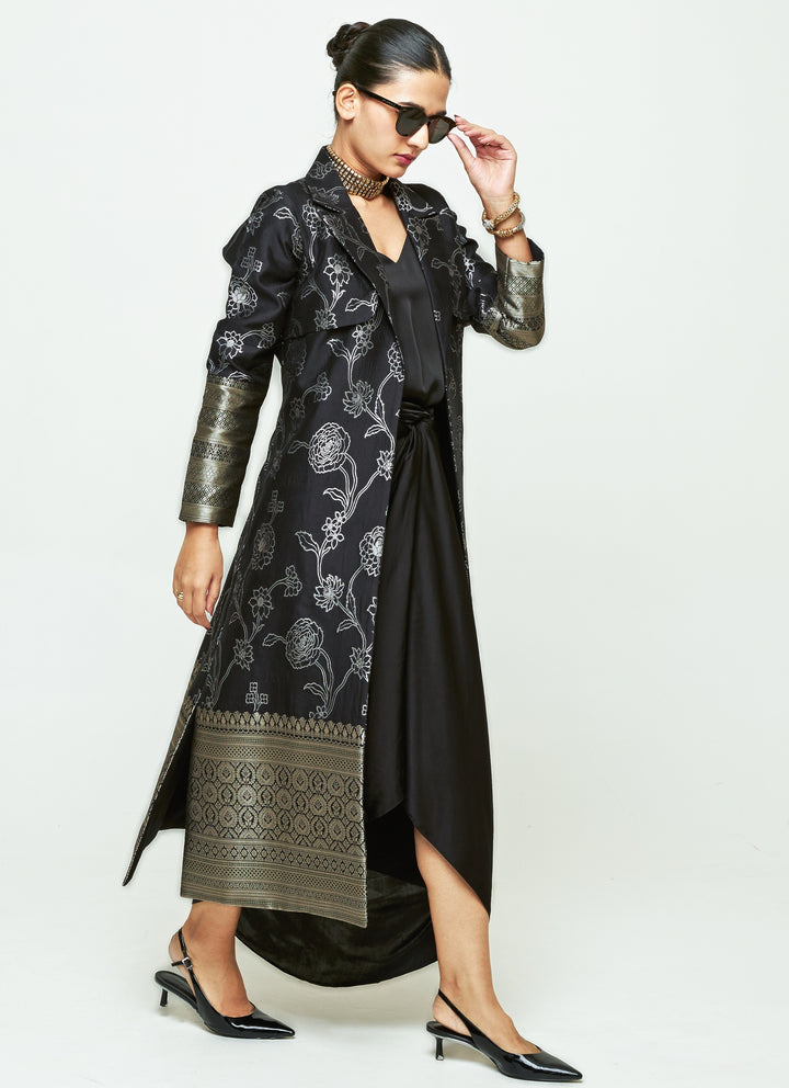 Black Brocade Trench Jacket With Draped Dress