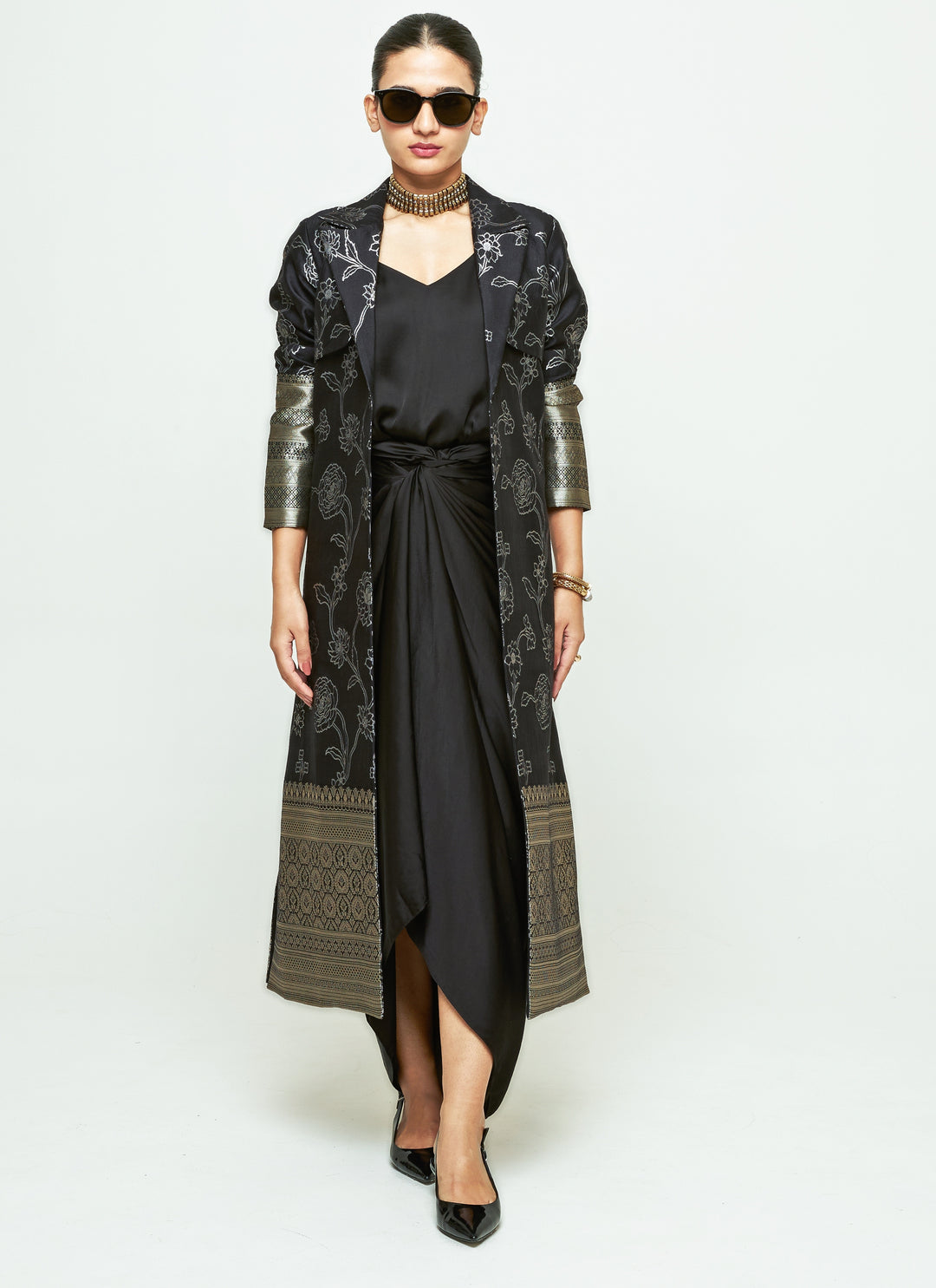 Black Brocade Trench Jacket With Draped Dress