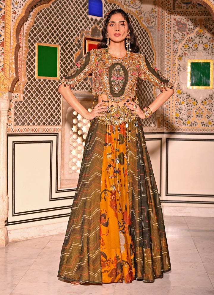 Mustard Yellow And Green Organza Lehenga Set