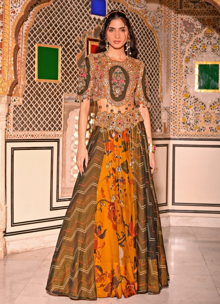 Mustard Yellow And Green Organza Lehenga Set