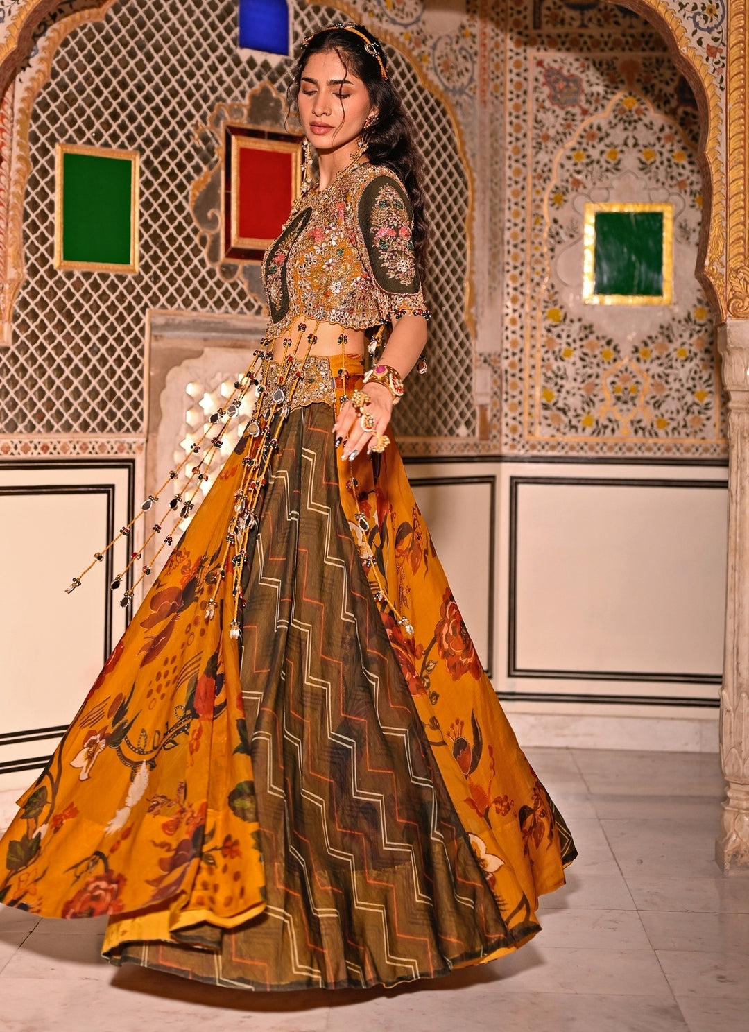 Mustard Yellow And Green Organza Lehenga Set