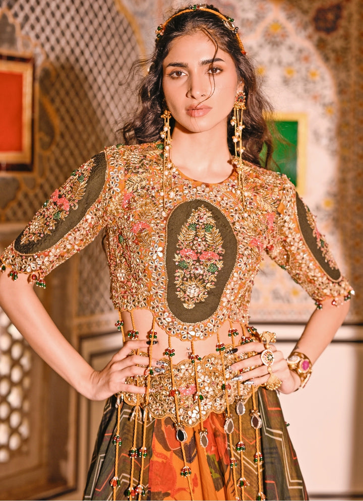 Mustard Yellow And Green Organza Lehenga Set