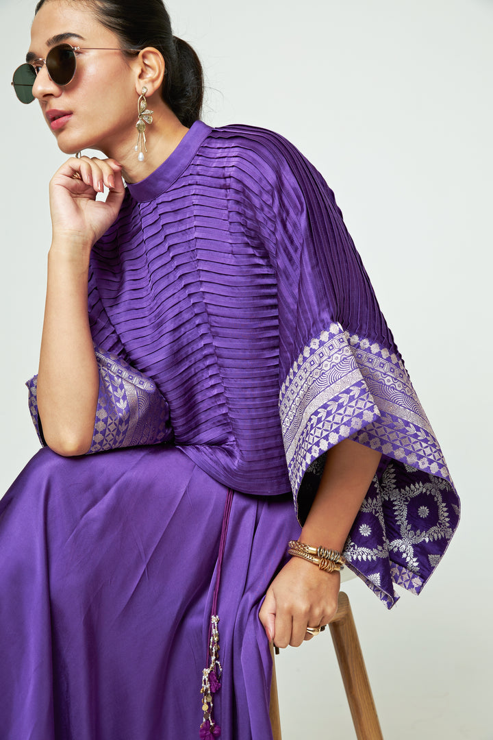 Purple Silk Pleated Top With Draped Skirt Set