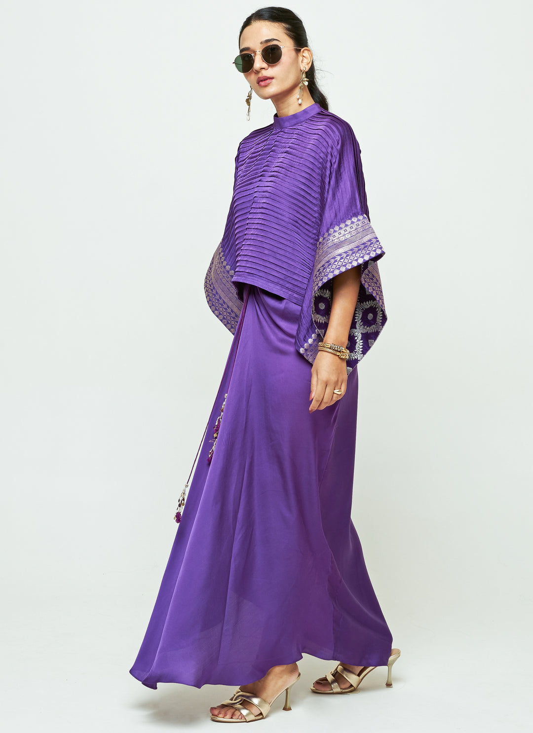 Purple Silk Pleated Top With Draped Skirt Set