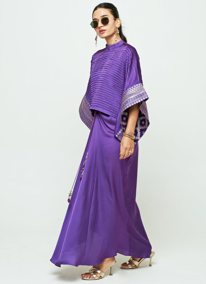 Purple Silk Pleated Top With Draped Skirt Set
