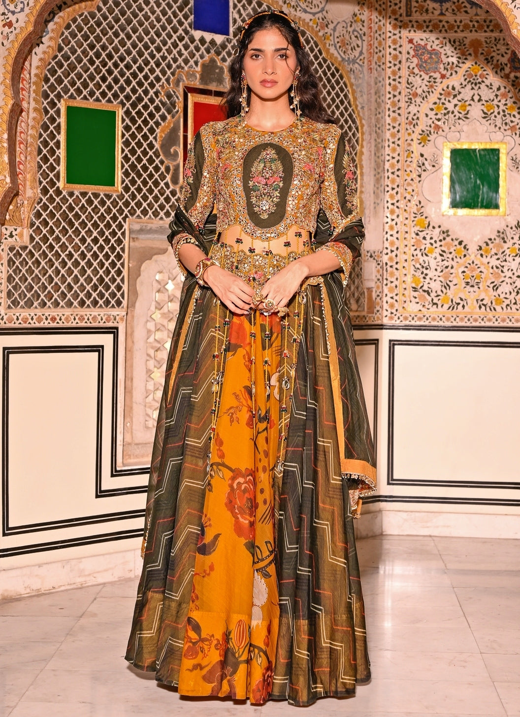 Mustard Yellow And Green Printed Organza Lehenga Set
