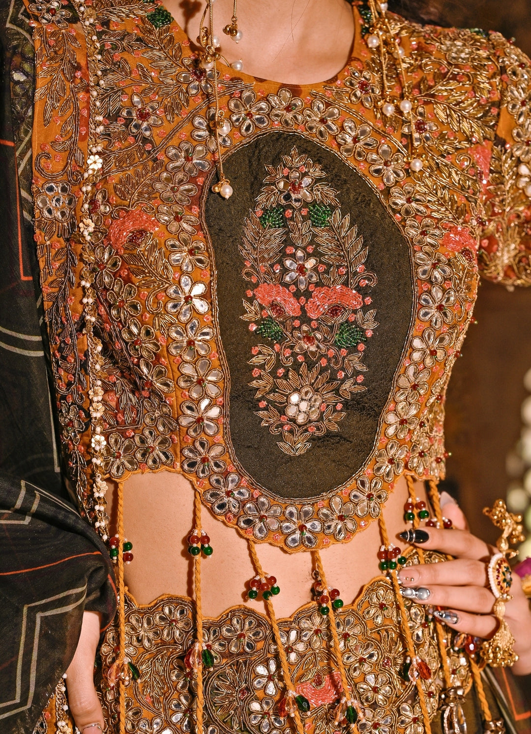 Mustard Yellow And Green Printed Organza Lehenga Set