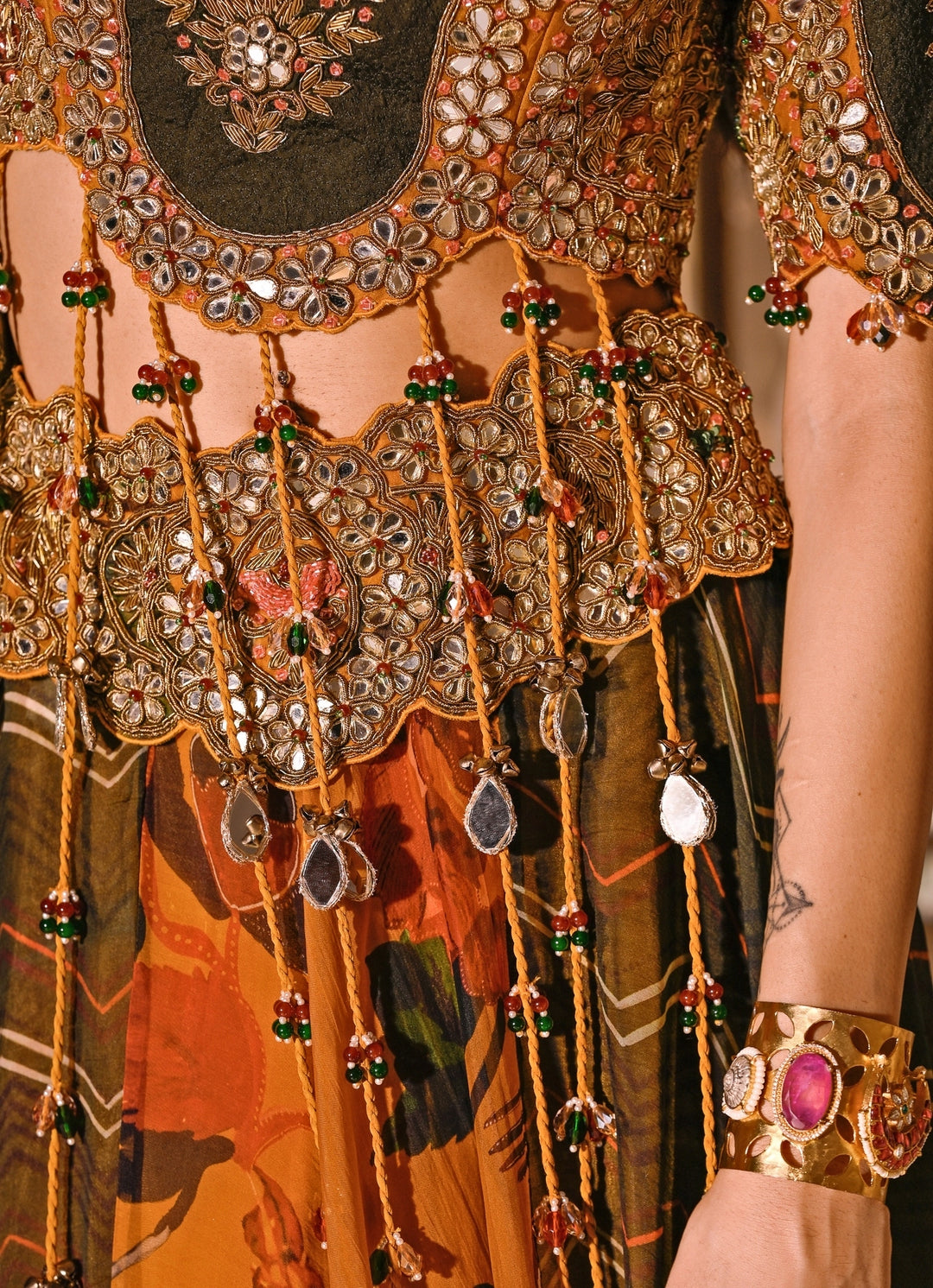 Mustard Yellow And Green Printed Organza Lehenga Set