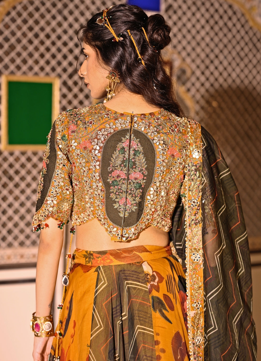 Mustard Yellow And Green Printed Organza Lehenga Set