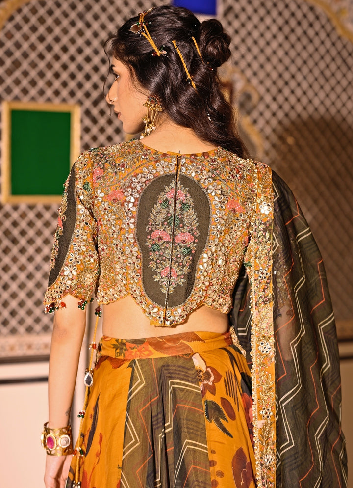 Mustard Yellow And Green Printed Organza Lehenga Set