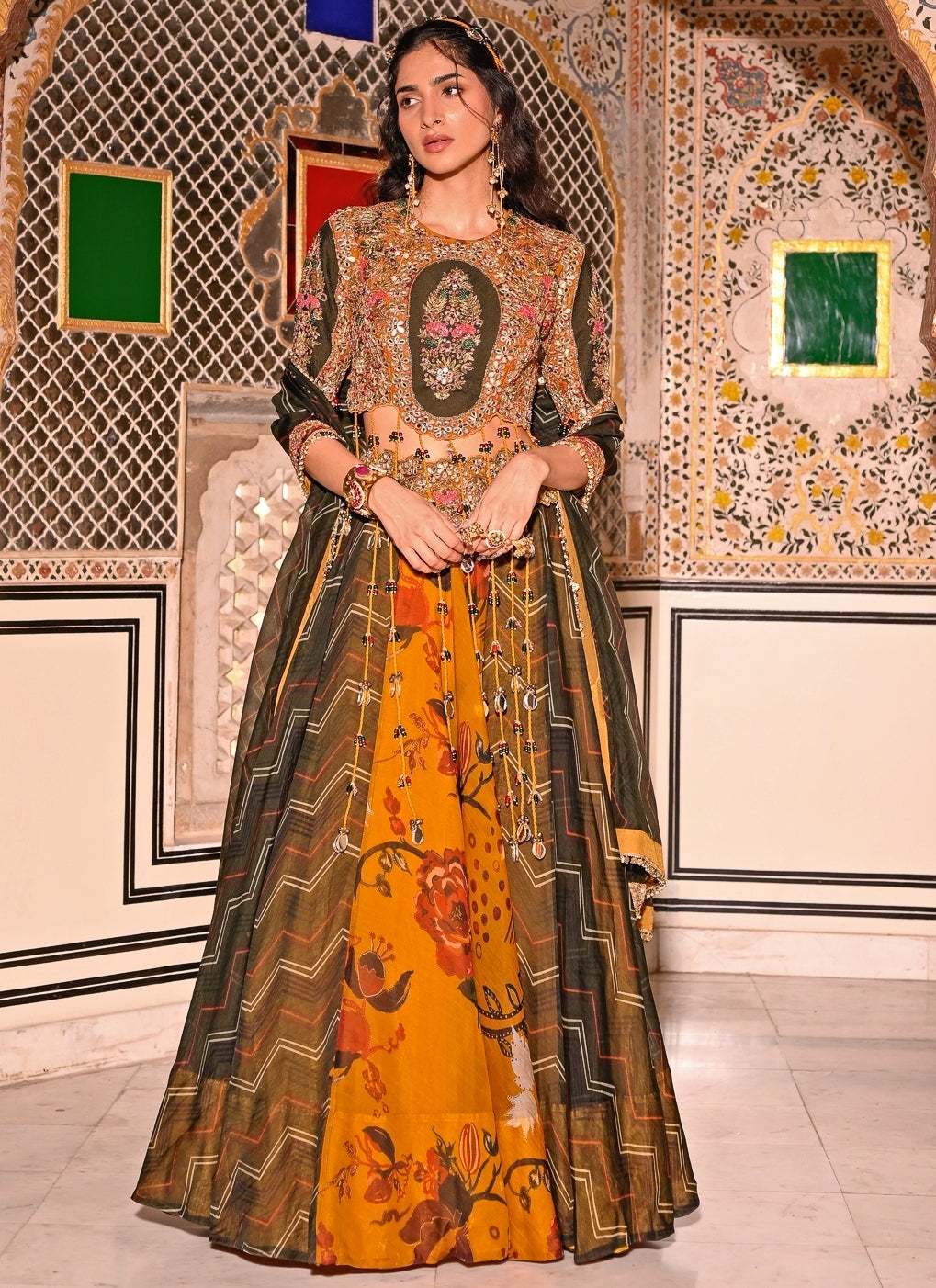Mustard Yellow And Green Printed Organza Lehenga Set