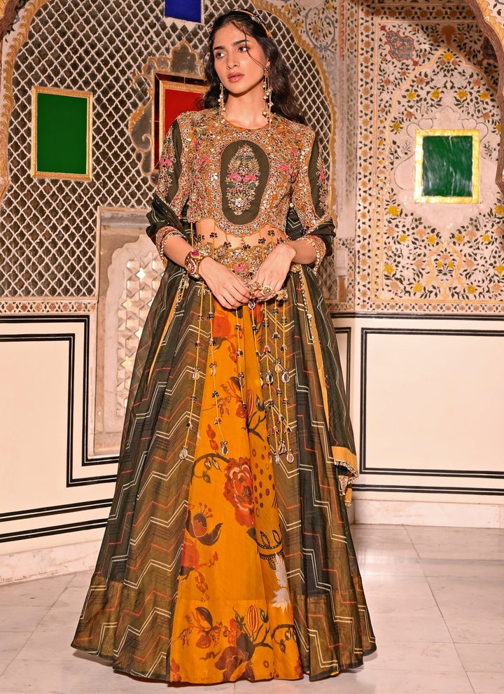 Mustard Yellow And Green Printed Organza Lehenga Set
