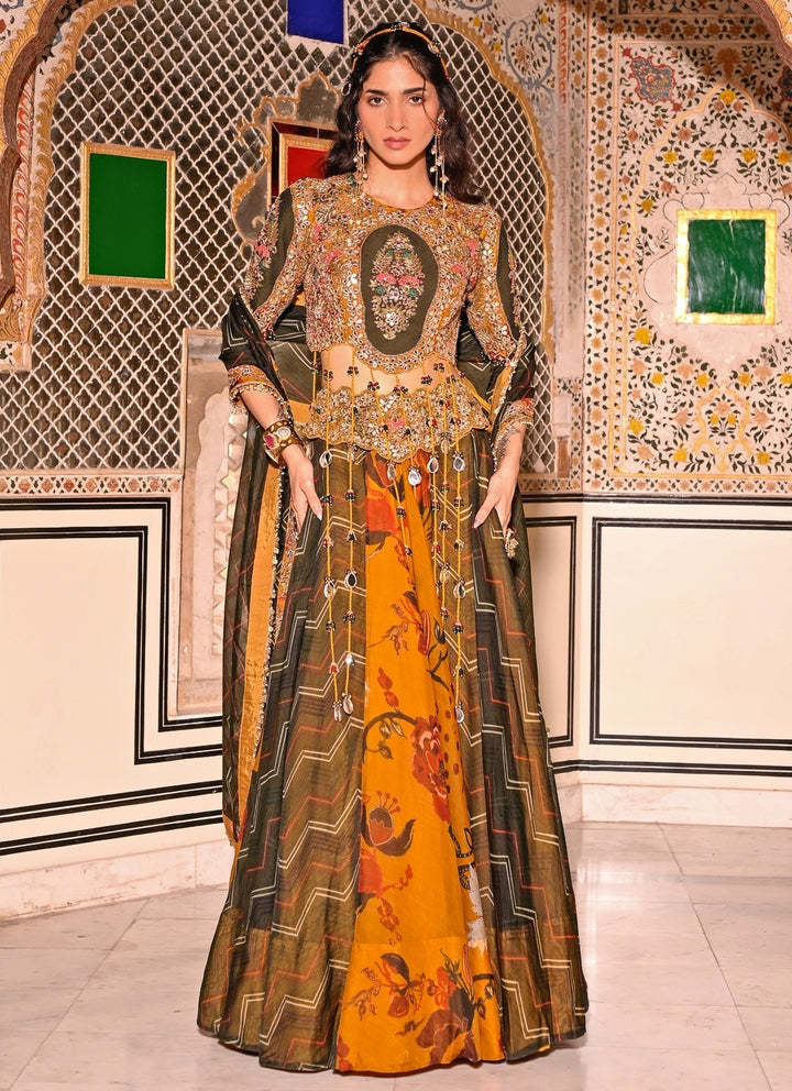 Mustard Yellow And Green Printed Organza Lehenga Set