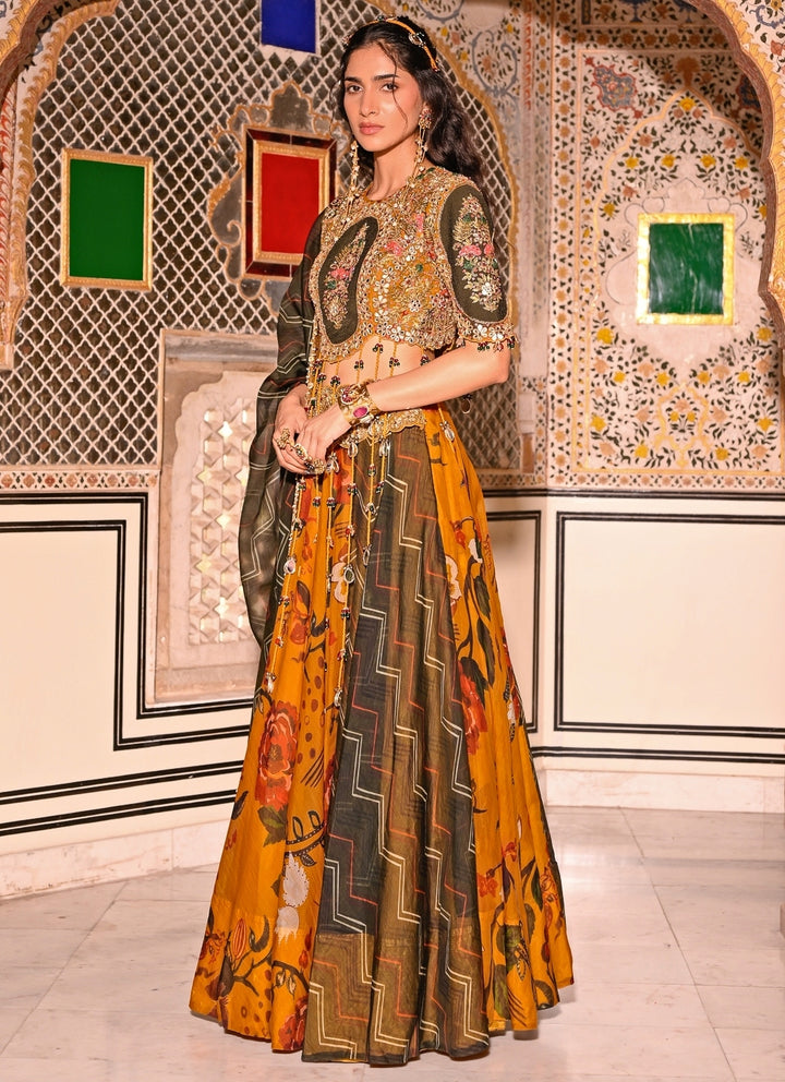 Mustard Yellow And Green Printed Organza Lehenga Set