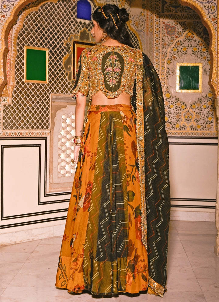 Mustard Yellow And Green Printed Organza Lehenga Set