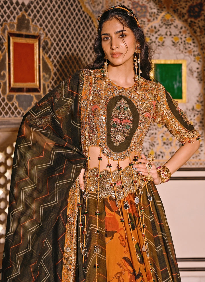 Mustard Yellow And Green Printed Organza Lehenga Set