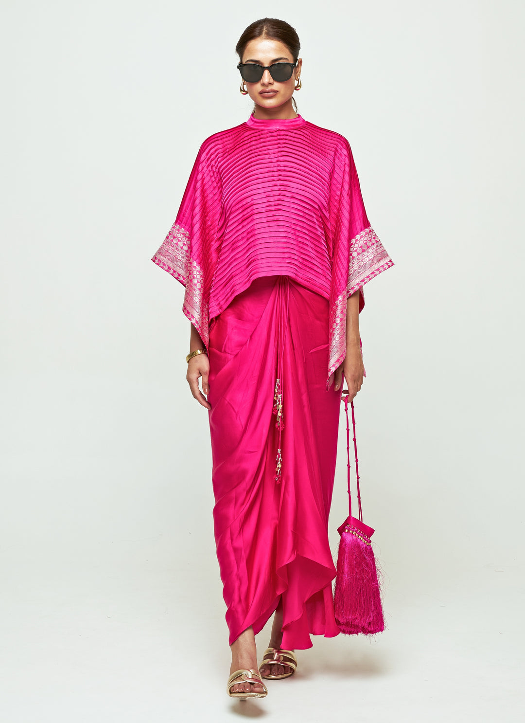 Pink Silk Pleated Top With Draped Skirt Set