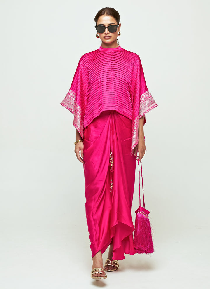 Pink Silk Pleated Top With Draped Skirt Set