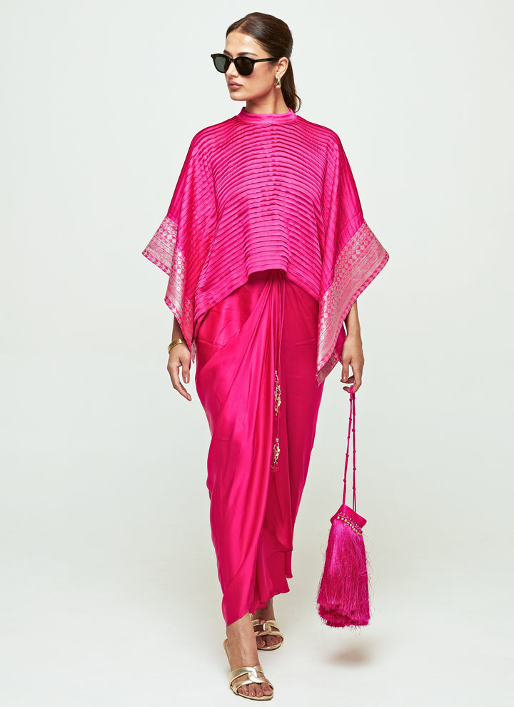 Pink Silk Pleated Top With Draped Skirt Set